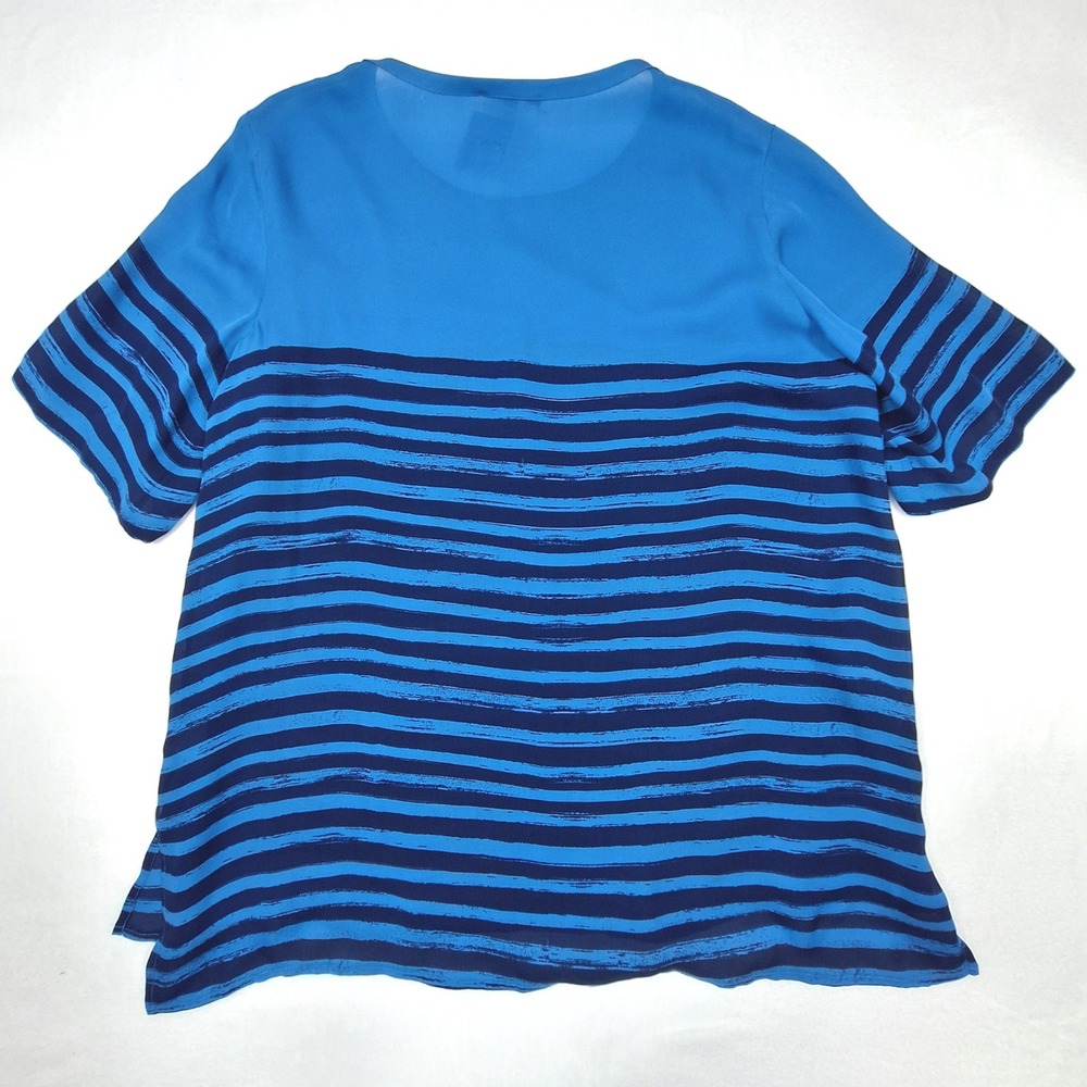 Vince Blouse Womens Large Blue Striped Colorblock 100% Silk Short Sleeve Top - Picture 3 of 10